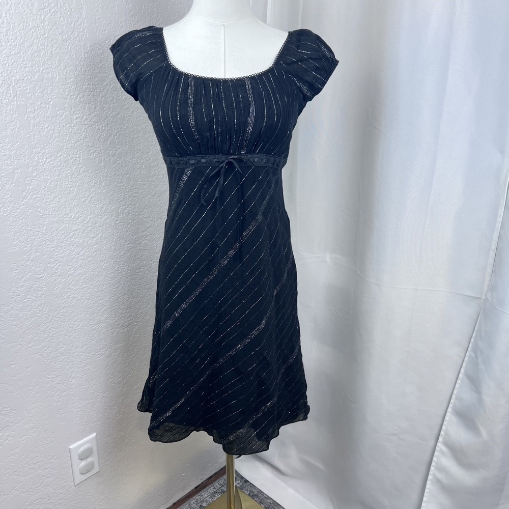 Vintage Y2K Mini Dress Womens Medium Black Metallic Stripe Babydoll Fairygrunge